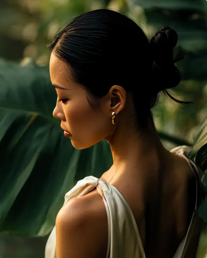 Side-profile-of-a-woman-with-her-hair-in-a-bun-wearing-a-white-dress-and-gold-earrings-looking-down-peacefully-against-a-backdrop-of-lush-green-tropical-leaves-at-a-wellness-retreat