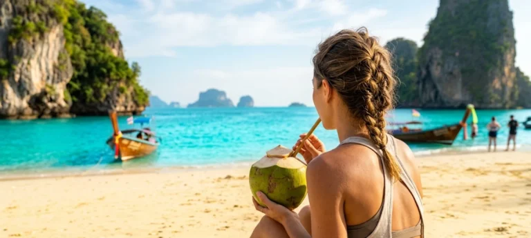 Young woman seen from behind drinking a fresh green coconut on a tropical beach with vibrant turquoise water.